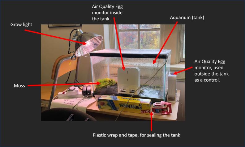 A rectangular aquarium with moss and an air quality monitor inside. Outside are saran wrap, tape, and a grow light. Each part is labeled with an arrow pointing to it. The image is meanty to be used to show students what the experimental set-up looks like when complete.